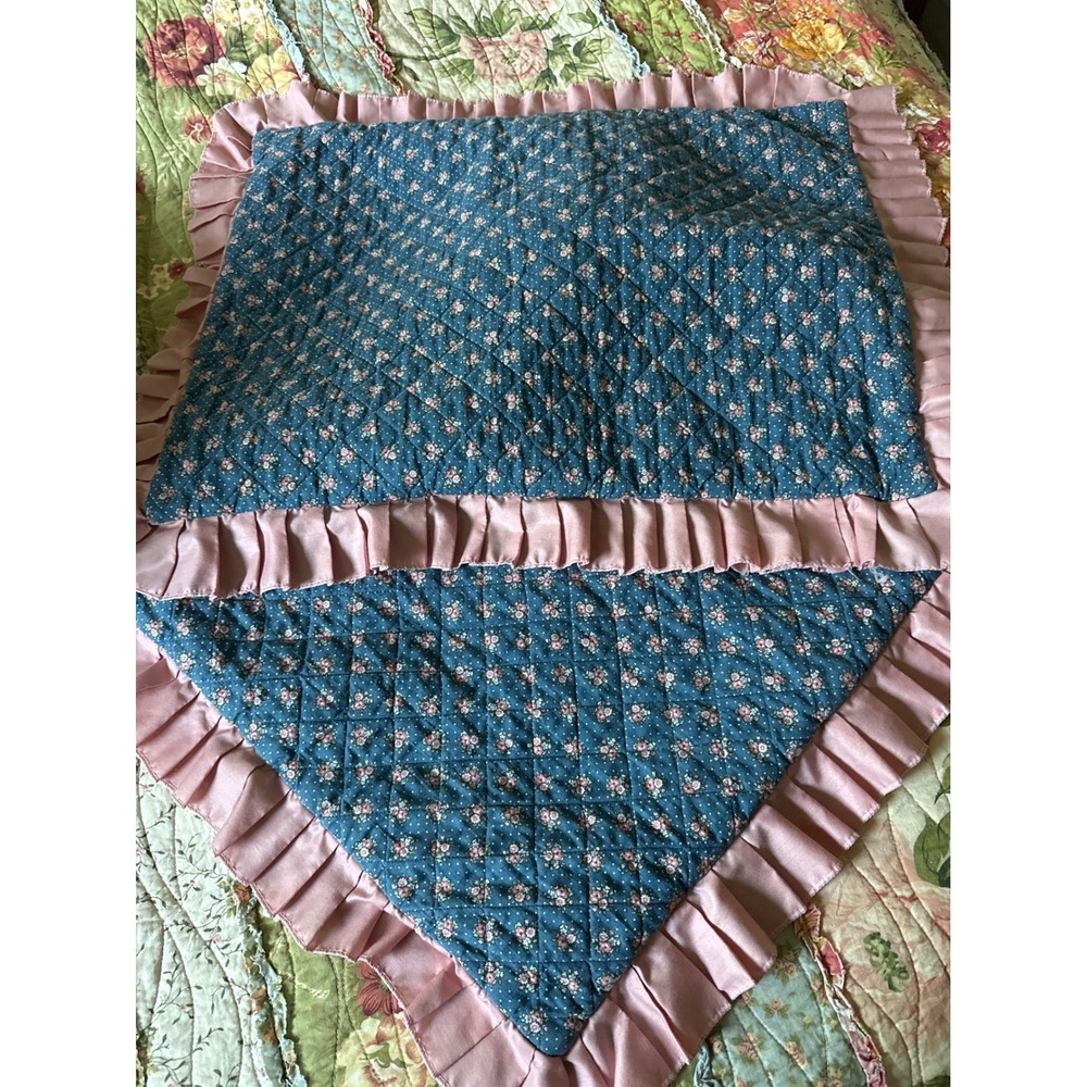Vintage Quilted Floral Pillow Sham Set 2 Blue Pink Ruffle Cottagecore Farmhouse